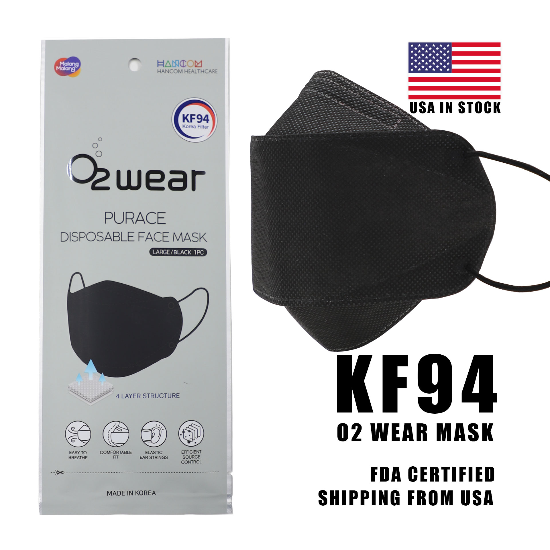 KF94 O2 Wear Black Respiratory Mask - FDA Approved N95 Level Mask. 